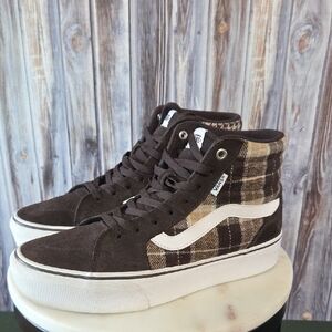 Vans Womens High-Top Canvas And Suede Sneakers in Brown and Plaid Size 10